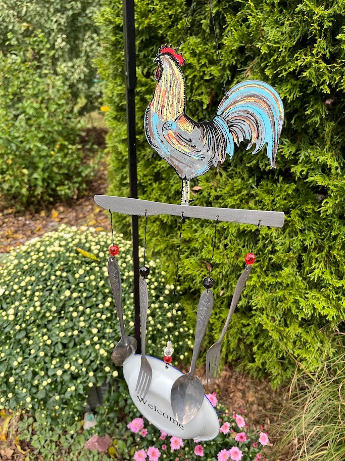 Whimsical Art Windchime - Rooster WELCOME